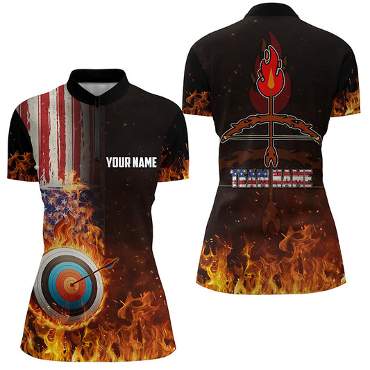 Personalized US Flag Flaming Target Archery 3D Quarter-Zip Shirts For Women, Bow Arrow Archery Shirts VHM0989