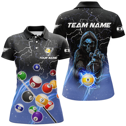 Thunder Lighting Blue Billiard Balls Polo Shirts For Women Personalized Skull 9 Ball Pool Shirts VHM1123
