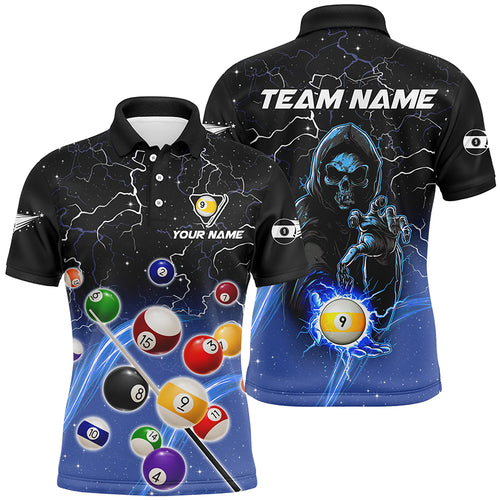 Thunder Lighting Blue Billiard Balls Polo Shirts For Men Personalized Skull 9 Ball Pool Shirts VHM1123