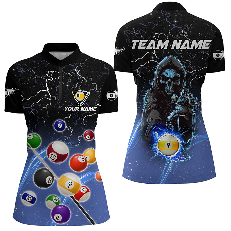 Thunder Lighting Blue Billiard Balls Quarter-Zip Shirts For Women Custom Skull 9 Ball Pool Shirts VHM1123