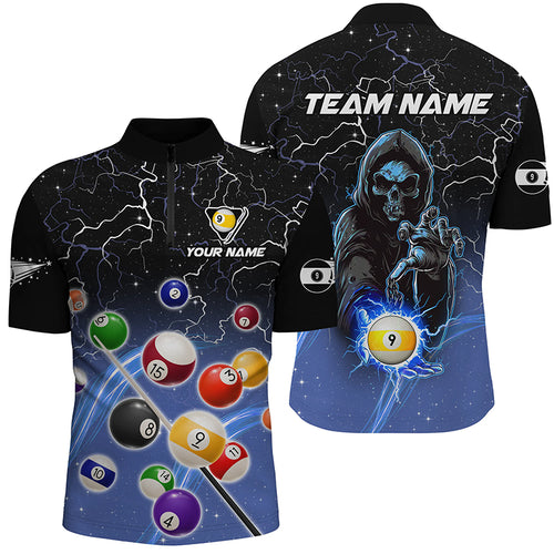 Thunder Lighting Blue Billiard Balls Quarter-Zip Shirts For Men Custom Skull 9 Ball Pool Shirts VHM1123