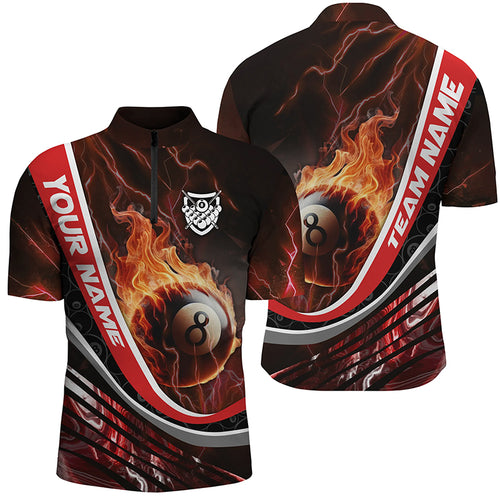Personalized Thunder Red Fire 8 Ball Billiard 3D Quarter-Zip Shirts For Men, 8 Ball Pool Jerseys VHM1069