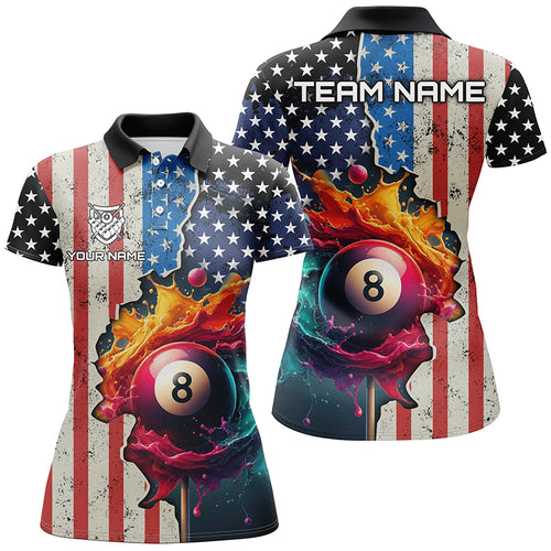Personalized US Flag Billiard 3D Polo Shirts For Women, Colorful Paint Splash 8 Ball Billiard Jerseys VHM1072