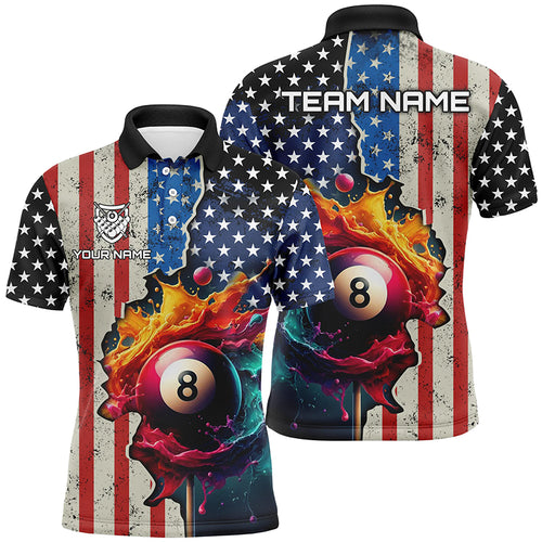 Personalized US Flag Billiard 3D Polo Shirts For Men, Colorful Paint Splash 8 Ball Billiard Jerseys VHM1072