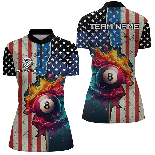 Personalized US Flag Billiard 3D Quarter-Zip Shirts For Women, Colorful Paint Splash 8 Ball Jerseys VHM1072