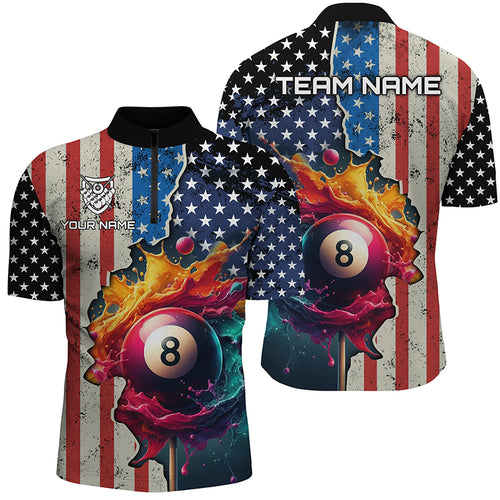 Personalized US Flag Billiard 3D Quarter-Zip Shirts For Men, Colorful Paint Splash 8 Ball Jerseys VHM1072
