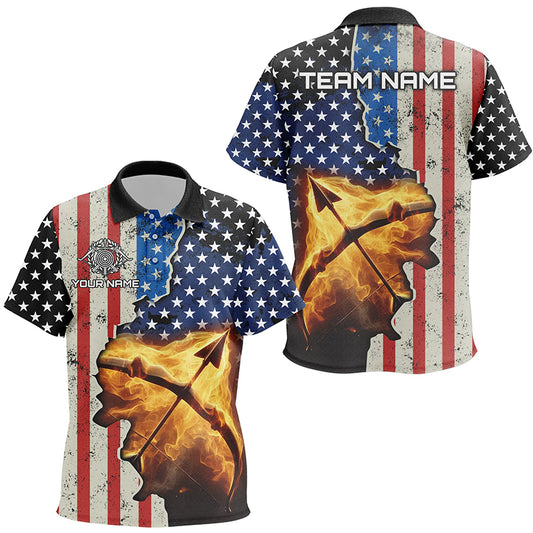 Personalized US Flag Archery Bow And Arrow Fire 3D Polo Shirts For Kids, Custom Archery Team Jerseys VHM1073