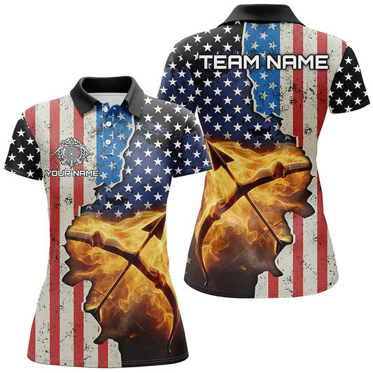Personalized US Flag Archery Bow And Arrow Fire 3D Polo Shirts For Women, Custom Archery Team Jerseys VHM1073
