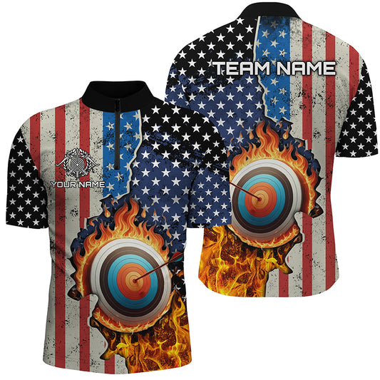 Personalized US Flag Flame Target Archery 3D Quarter-Zip Shirts For Men, Archery Team Shirts Design VHM1076