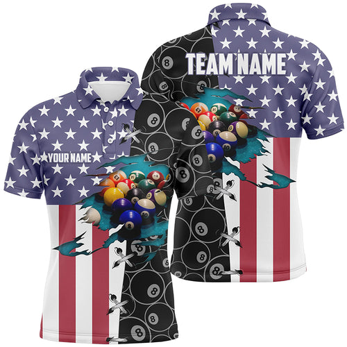 Personalized American Flag Billiard Polo Shirts For Men, Custom 8 Ball Pattern Pool Balls Jerseys VHM0184