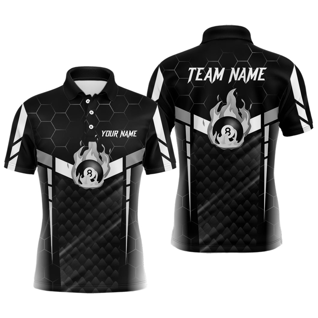 Personalized White Fire 8 Ball Billiard 3D Polo Shirts For Men, Custom 8 Ball Pool Team Jerseys VHM1020