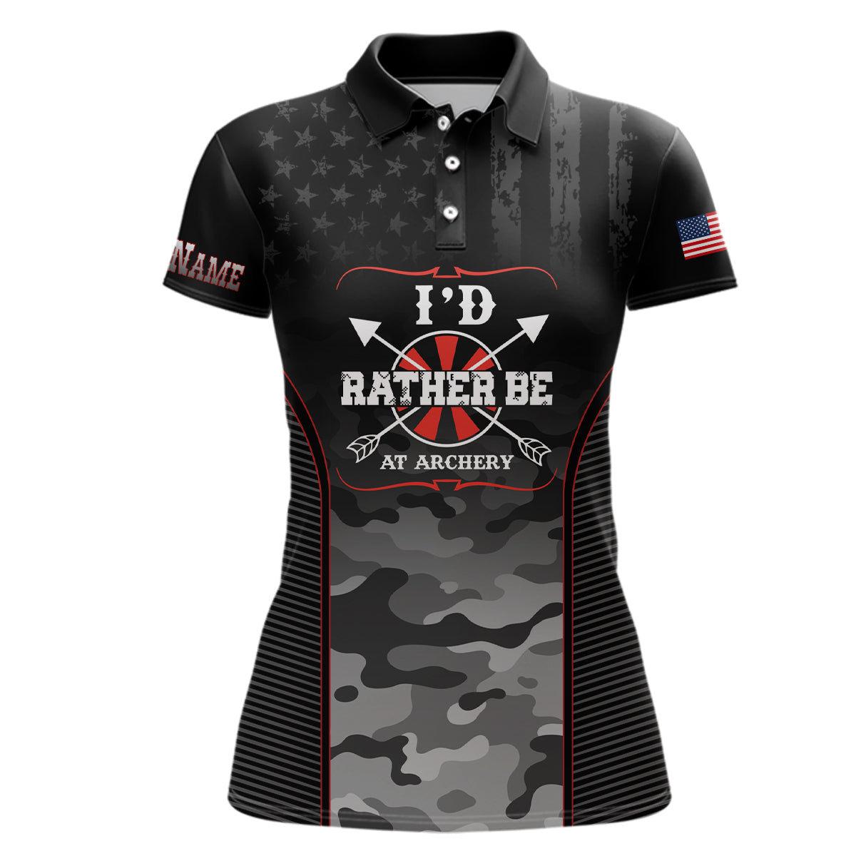 Personalized American Flag Camouflage Archery Polo Shirts For Women, Custom Name Archery Jerseys VHM0792