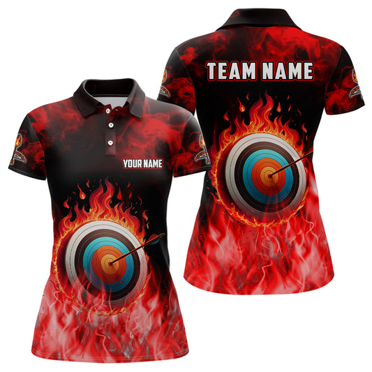 Personalized Red Flaming Target Archery 3D Polo Shirts For Women, Fire Bow And Arrow Archery Jerseys VHM0987