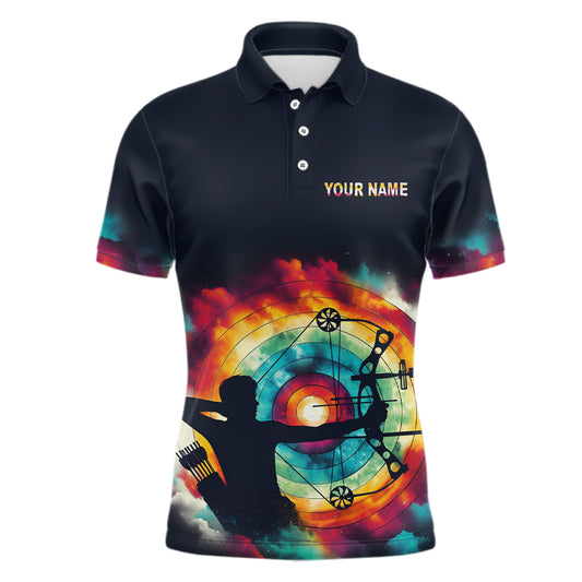 Personalized Archery Colorful Tie Dye 3D Polo Shirts For Men, Custom Silhouette Men Archery Jerseys VHM1002