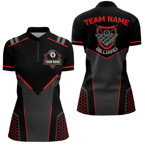 Personalized Style Black Red 8 Ball Billiard 3D Quarter-Zip Shirts For Women, 8 Ball Pool Team Shirts VHM1056