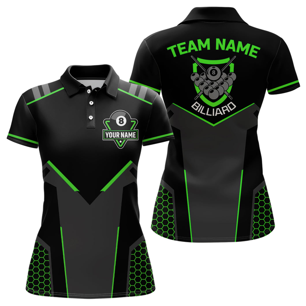 Personalized Style Black Green 8 Ball Billiard 3D Polo Shirts For Women, 8 Ball Pool Team Jerseys VHM1058