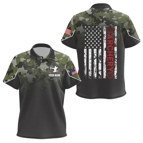 Personalized Green Camouflage Archery Polo Shirts For Kids Custom Grunge US Flag Archery Shirts VHM0737