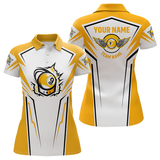 Personalized 3D Funny Billiard 9 Ball Polo Shirts For Women, Custom White Yellow 9 Ball Pool Jerseys VHM0759