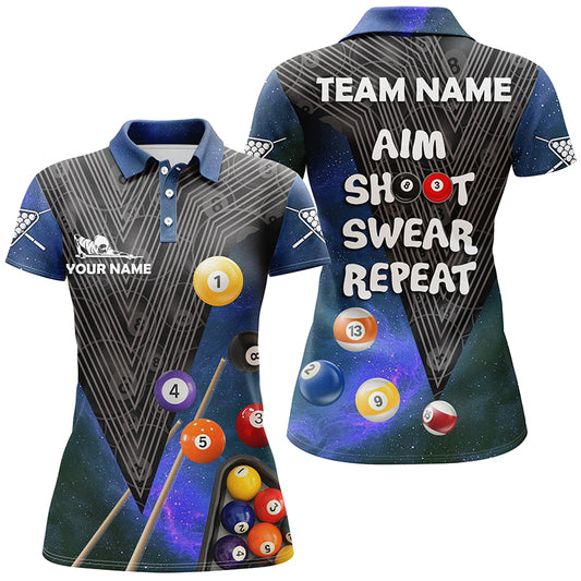 Billiard Aim Shoot Swear Repeat Blue Version Custom Name 3D All Over Print Polo Shirts For Women TDM0220