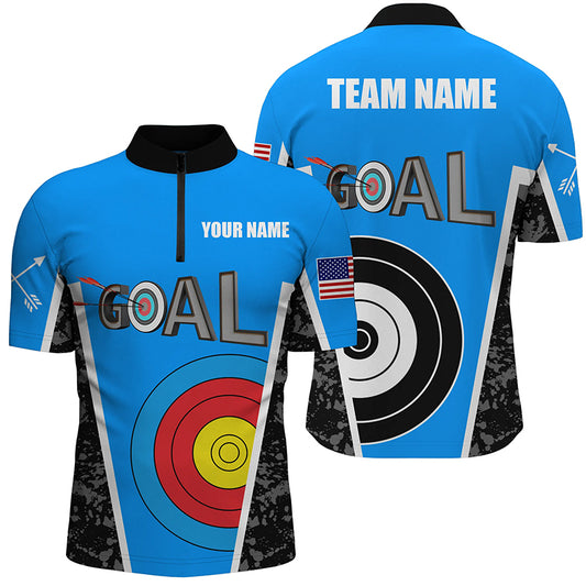 Custom Name Blue Archery Goal Men Quarter-Zip Shirts, 3D Target Archery Jerseys For Team TDM1154