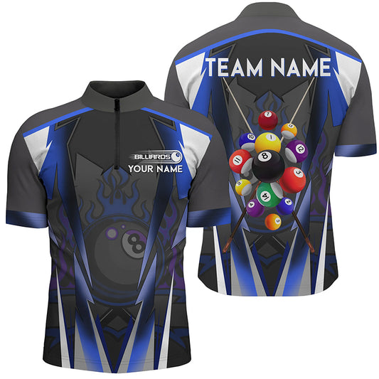 Blue 8 Ball Fire Billiard Balls Men Quarter-Zip Shirts Custom Team League Billiard Jersey TDM1354