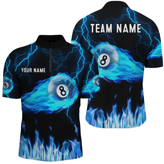 Personalized Blue Flame 8 Ball Thunder 3D Quarter-Zip Shirts For Men, Pool League Shirts TDM0494