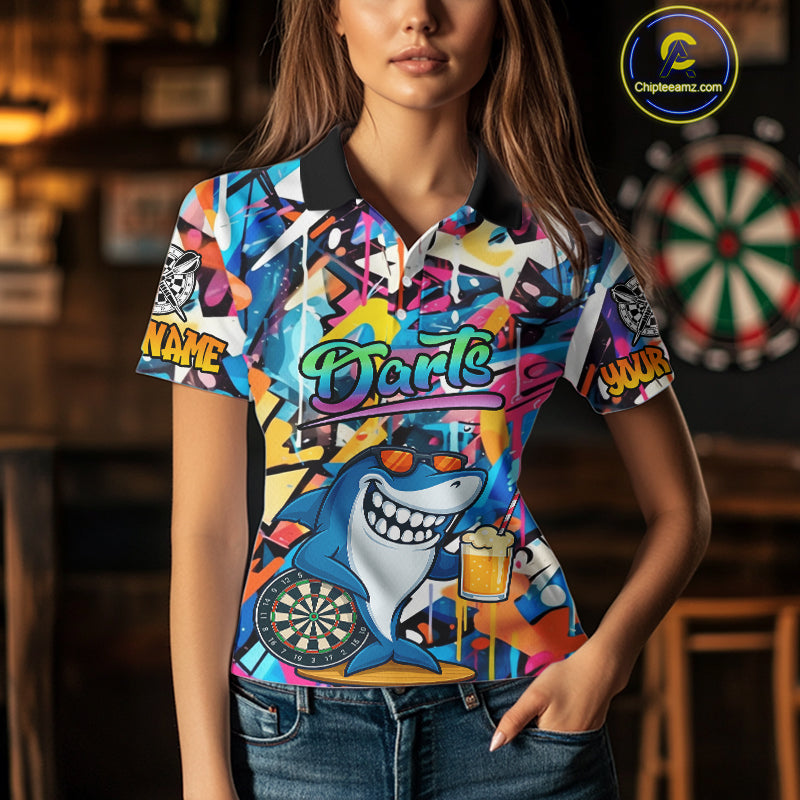 Funny Shark Colorful Graffiti Style Custom Dart Shirts For Women, Dart Team Jersey Best Darts Outfit TDM3849