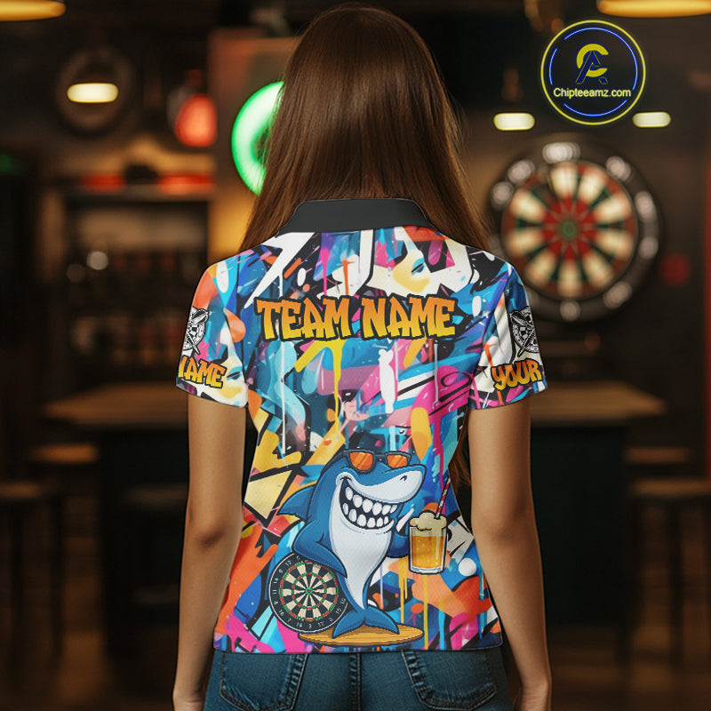 Funny Shark Colorful Graffiti Style Custom Dart Shirts For Women, Dart Team Jersey Best Darts Outfit TDM3849