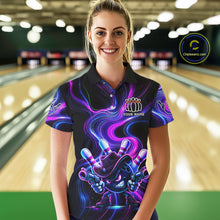 Load image into Gallery viewer, Custome Neon Blue Purple Funny Bowling Shirt For Women, Bowling League Team Jersey Polo &amp; 1/4 Zip TDM6277