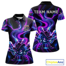 Load image into Gallery viewer, Custome Neon Blue Purple Funny Bowling Shirt For Women, Bowling League Team Jersey Polo &amp; 1/4 Zip TDM6277