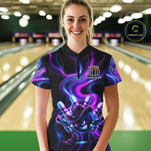 Load image into Gallery viewer, Custome Neon Blue Purple Funny Bowling Shirt For Women, Bowling League Team Jersey Polo &amp; 1/4 Zip TDM6277