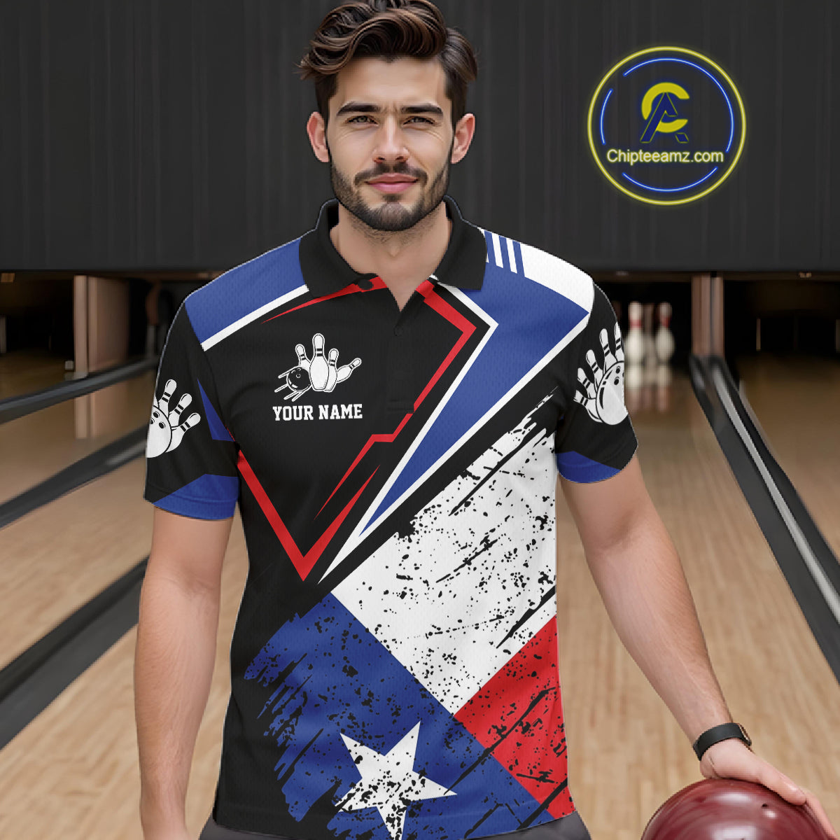 Man wearing a grunge Texas flag bowling polo shirt at a bowling alley front view.