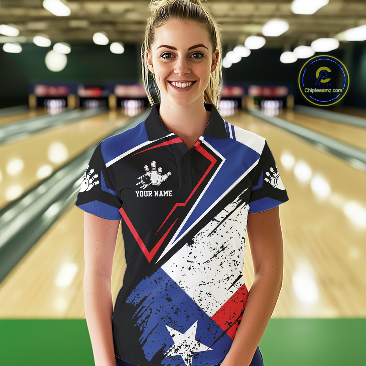 Woman wearing a grunge Texas flag bowling polo shirt at a bowling alley front view.