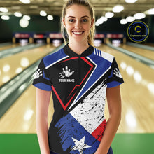 Load image into Gallery viewer, Woman wearing a grunge Texas flag bowling quarter zip jersey during league play front view.