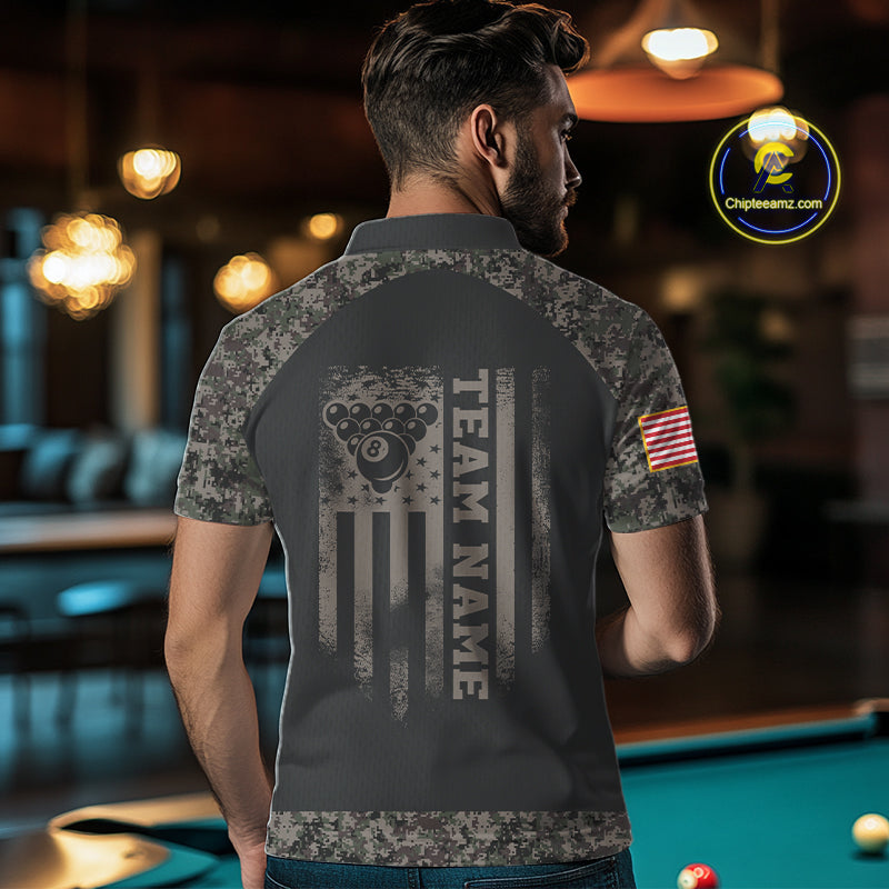 Man wearing personalized retro camo US flag 8 ball pool billiard polo shirt back view.
