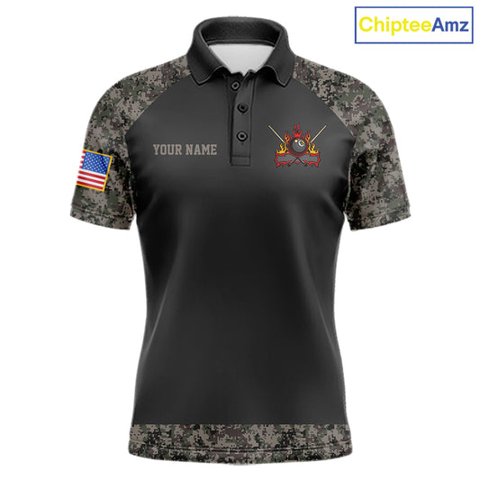 Personalized retro camo US flag 8 ball pool billiard team jersey polo shirt for men, custom patriotic pool league apparel and tournament jersey.