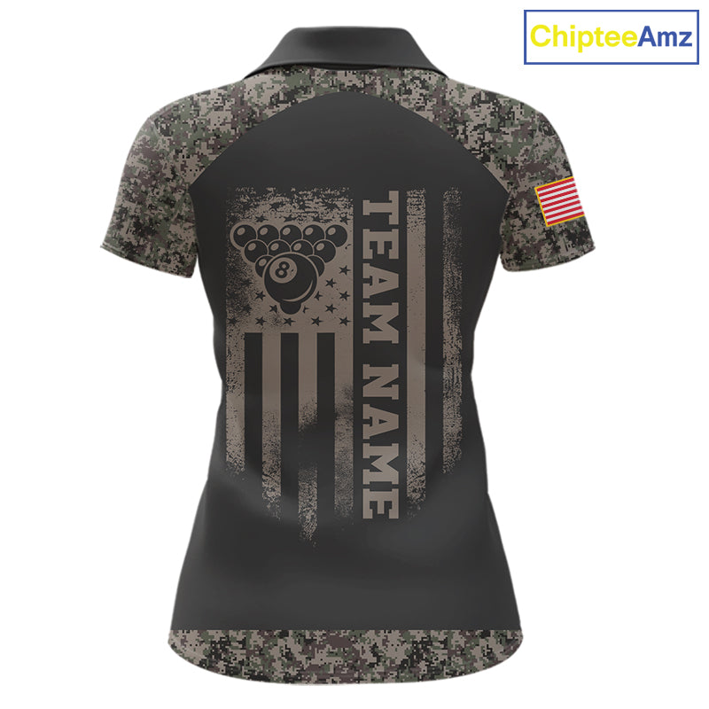 Personalized retro camo US flag 8 ball pool billiard team jersey polo shirt for women, custom patriotic pool league apparel and tournament jersey.