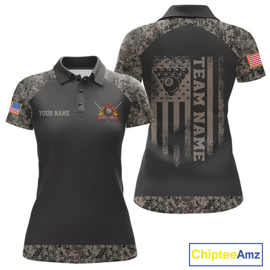 Personalized retro camo US flag 8 ball pool billiard team jersey polo shirt for women, custom patriotic pool league apparel and tournament jersey.