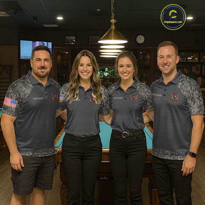 Billiard team wearing matching retro camo US flag 8 ball pool jerseys front view.
