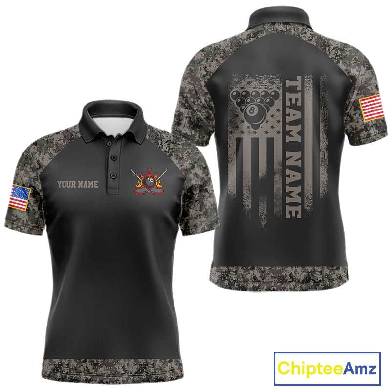 Personalized retro camo US flag 8 ball pool billiard team jersey polo shirt for men, custom patriotic pool league apparel and tournament jersey.