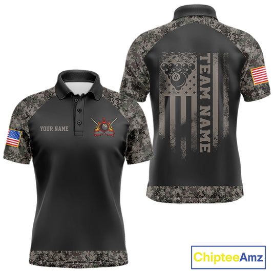 Personalized retro camo US flag 8 ball pool billiard team jersey polo shirt for men, custom patriotic pool league apparel and tournament jersey.