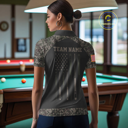 Woman wearing personalized retro camo US flag patriotic 8 ball pool billiard polo shirt back view.