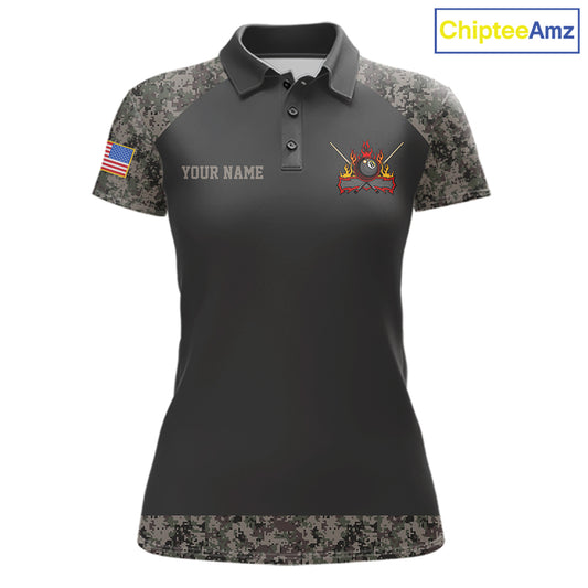 Personalized retro camo US flag patriotic 8 ball pool billiard team jersey polo shirt for women, custom pool league apparel and tournament jersey with vintage camouflage design.