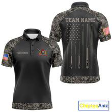 Load image into Gallery viewer, Personalized retro camo US flag patriotic 8 ball pool billiard team jersey polo shirt for men, custom pool league apparel and tournament jersey with vintage camouflage design.