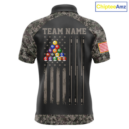 Personalized retro camo US flag patriotic 8 ball pool billiard team jersey polo shirt for men, custom pool league apparel and tournament jersey.