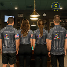 Load image into Gallery viewer, Billiard team wearing matching retro camo US flag patriotic 8 ball pool jerseys back view.