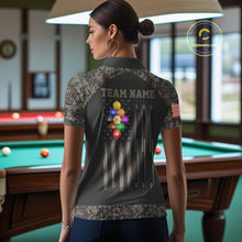 Load image into Gallery viewer, Woman wearing personalized retro camo US flag patriotic 9 ball pool billiard polo shirt back view.