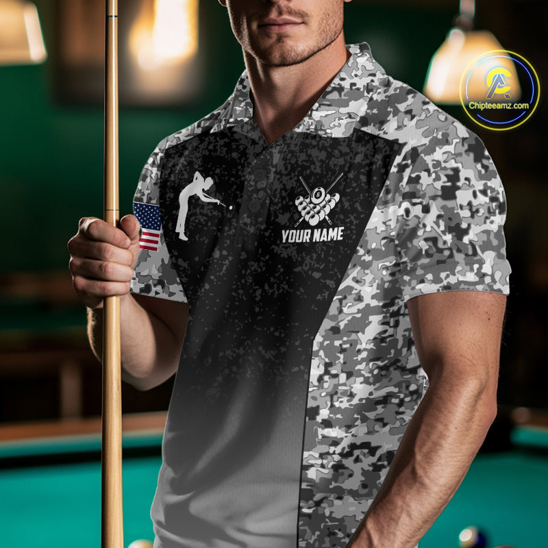 Man wearing black and white camo US flag 8 ball pool billiard polo shirt front view.