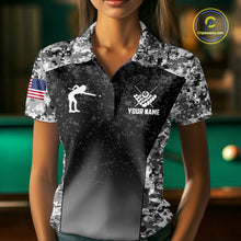 Load image into Gallery viewer, Woman wearing black and white camo US flag 8 ball pool billiard polo shirt front view.