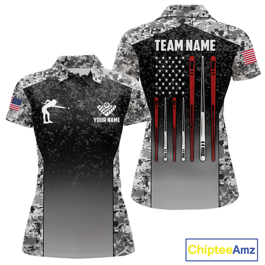 Black and white camo US flag 8 ball pool billiard team jersey polo shirt for women, custom patriotic pool league apparel and tournament jersey.